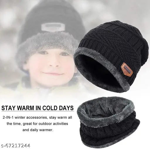 Black knitted beanie hat scarf set, 2 pieces, winter accessory, skull cap