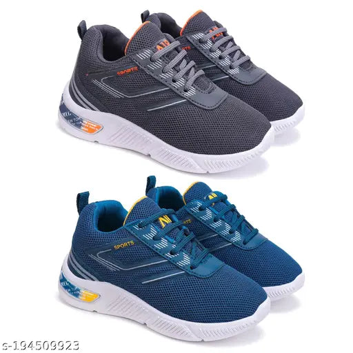Black and blue sports shoes for kids, lace-up design, lightweight material, suitable for running, walking, gym, trekking, and hiking activities