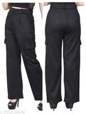 Black high rise cargo pants with slanted inset pocket, patch with flap, straight fit, stretchable, relaxed waistband, suitable for casual or formal wear