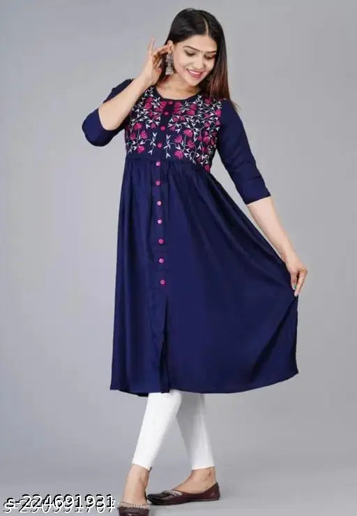 Blue rayon embroidered Anarkali kurti, three-quarter sleeves, variety of sizes available for women's party wear in India