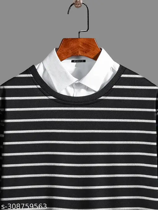 Black and White CottonBlend striped polo neck full sleeve shirt for men - slim fit, India-made