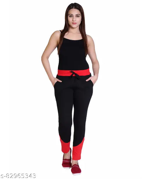 Black cotton slim fit track pants with red side stripes