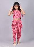 Misbis girls rayon printed top and dhoti pant set, A-line crop top with sleeveless design, perfect for weddings, parties, or festivals. Indian party wear set in 1-2, 2-3 years sizes