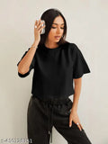 Black cotton crop top, loose fit, casual round neck, drop-down shoulder design, suitable for women and girls