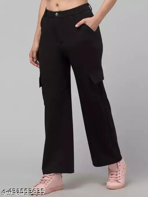 Women's cargo pants, black, cropped style, wide pockets, zip front closure