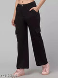 Women's cargo pants, black, cropped style, wide pockets, zip front closure