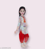 Cotton blend printed anarkali dhoti kurta with chunni set for kids partywear, Indian style salwar suit for babies and toddlers aged 3-11 years