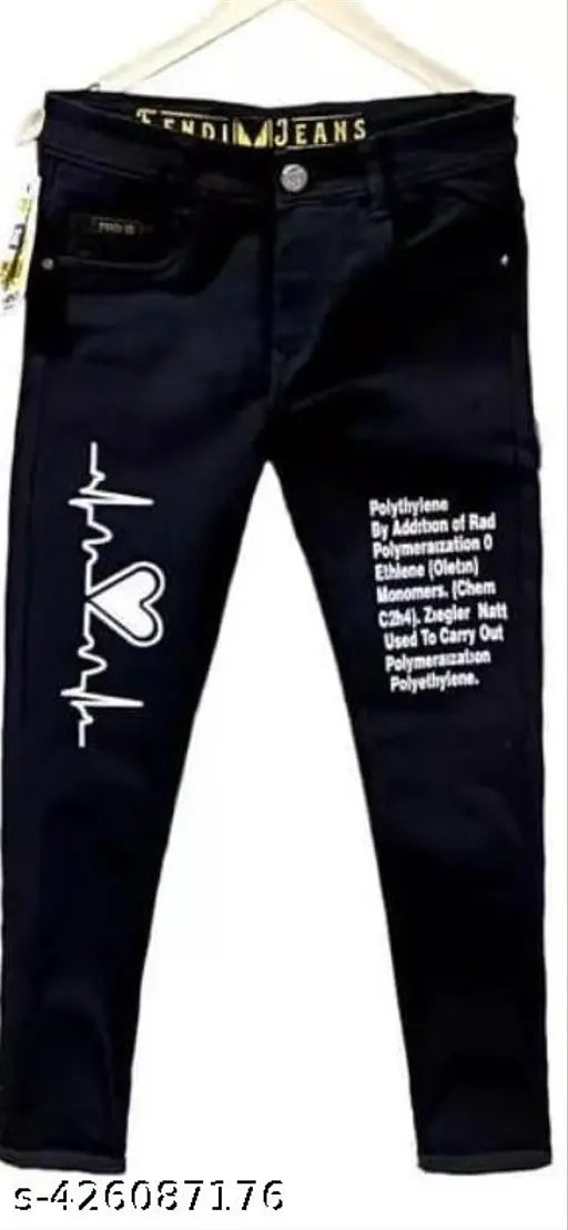 Designer LATEST black denim slim fit jeans with placement print, men's wear for stylish fashion
