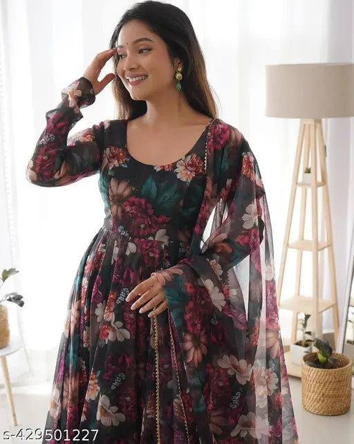 Black Georgette printed maxi dress with long sleeves, ideal for special occasions and events. Size: S-XXXXL. Quality made in India, features full round neck and included dupatta