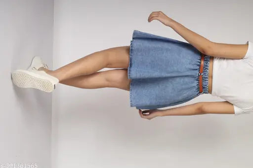Light blue denim mini skirt with belt, two side pockets