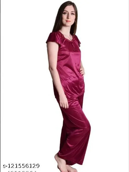 Purple, wine, maroon satin nightwear set (pack of 3) - dream night brand's comfortable and chic women's sleepwear collection