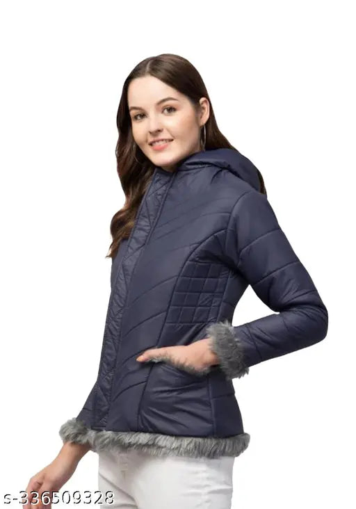 Blue nylon women's winter jacket with long sleeves, solid pattern for cold weather