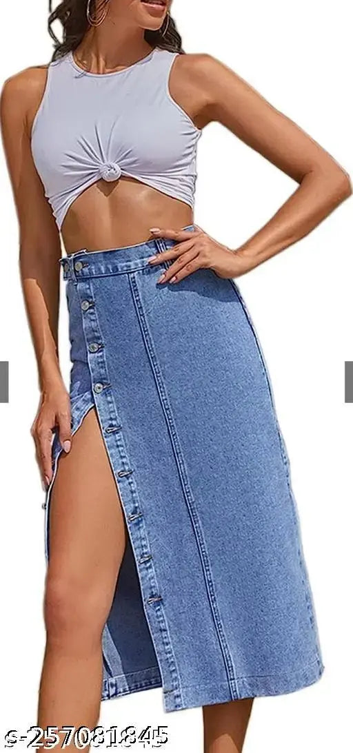 Blue denim skirt, crop top