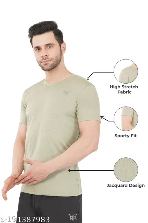 Mens jacquard dry fit sports t-shirt, polyester, solid color, short sleeves, men's clothing for fitness activities, India-made