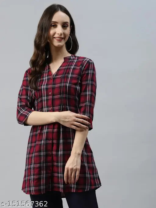 Women's plaid check print cotton tunic shirt with three-quarter sleeves, 32" length. Sleeve: 15". Plaid print for women. Waist belt included for better fit. Made in India