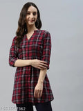 Women's plaid check print cotton tunic shirt with three-quarter sleeves, 32" length. Sleeve: 15". Plaid print for women. Waist belt included for better fit. Made in India