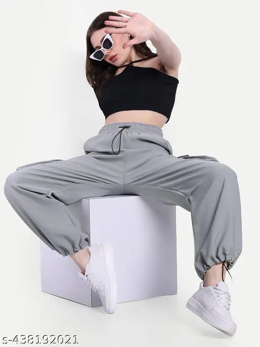 Gray women's cargo style joggers, black crop top
