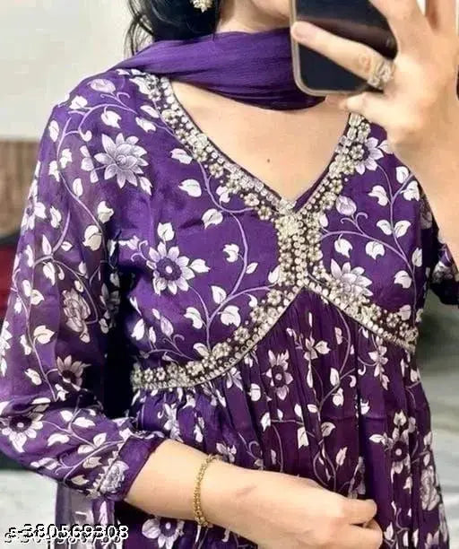 Purple Rayon Chikankari Embroidered Kurta, georgette, three-quarter sleeves, printed combo, Aaliya Fashion, traditional events wear