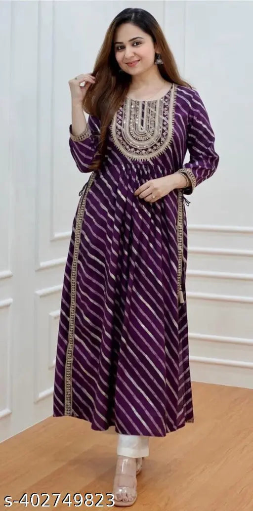Rayon Leheriya Naira Cut Embroidered kurta with three-quarter sleeves, intricate Zari woven design, Indian ethnic wear for women, size S-XL on mannequin
