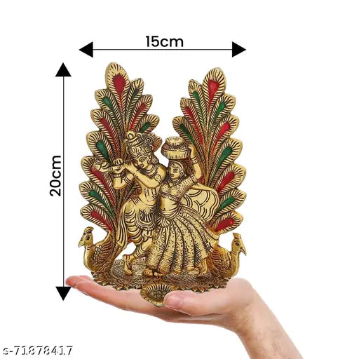 Metal Radha Krishna idol statue with diya for puja decoration, Indian Hindu religious showpiece