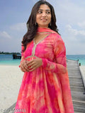 Traditional Alia Cut Georgette Gown [Long Sleeves, Dyed/Washed Net], Indian craftsmanship for women's fashion
