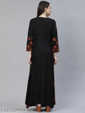 A blue A-line midi dress with a floral pattern and gold accents