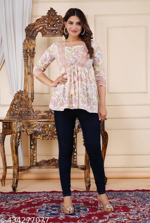 Elegant floral print 3/4 sleeve cotton top, Indian-made, regular fit, versatile workwear