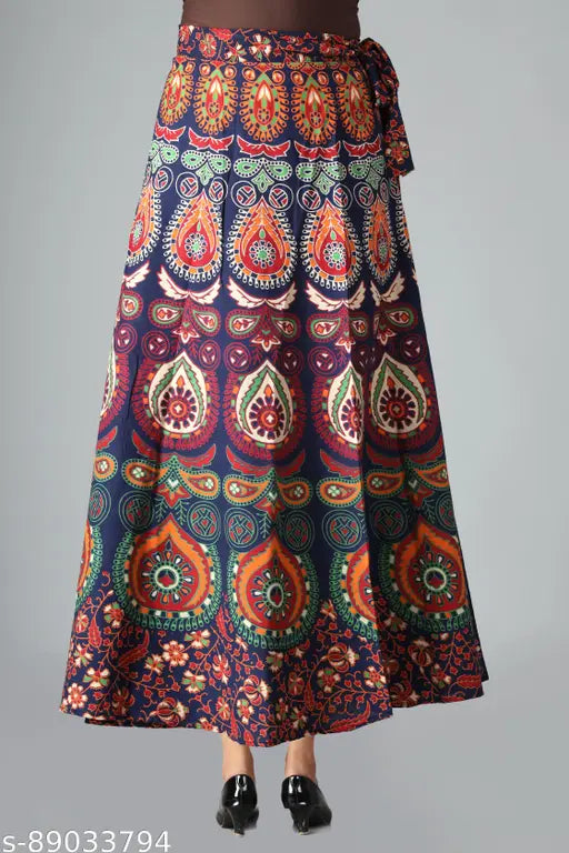Women's paisley print wraparound skirt, cotton, vibrant pattern, fashionable wrap skirt on model
