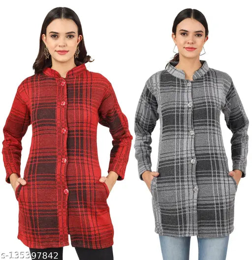 Red and light grey K wool sweater combo with buttons, long sleeves and varying sizes M, L, XL