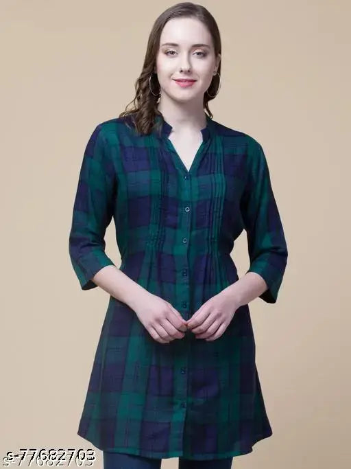 Green and Blue Checked Rayon Tunic for Women, Hive91 brand, three-quarter sleeves, contrasting pattern