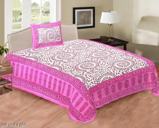 Cotton Jaipuri single bed flat sheets & pillow covers, 2 pack, ideal for adults, made in India