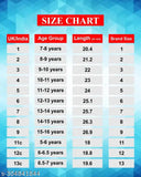 Boy's casual flip flops, size chart with age group and length in cm, available in multiple colors