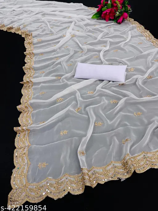 Georgette saree in pack of 1, light grey color with gold embellishments