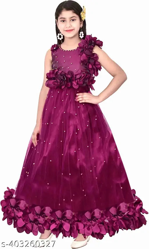 Purple net ethnic gown for girls, embellished sleeveless party dress with flower patches, trendy wedding or function wear