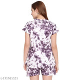 Tiedye Cotton Lycra Night Suit Set for Women, classic style, printed net pattern, round neck, short sleeves