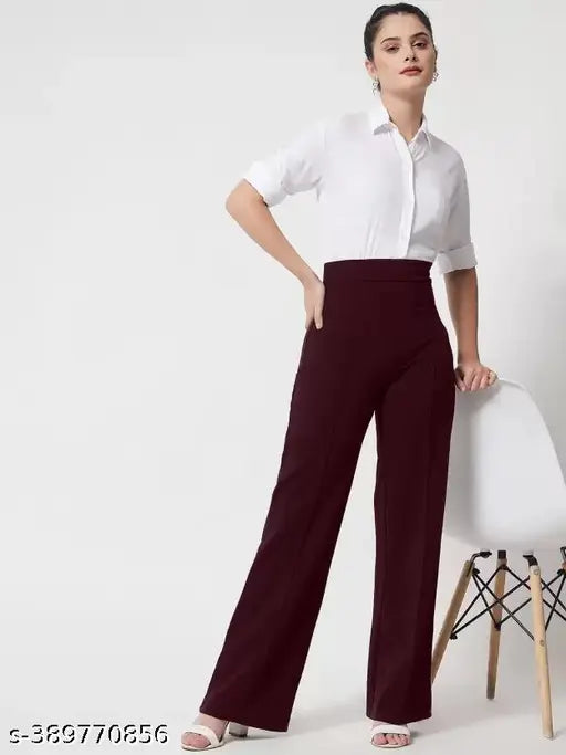 Cotton blend solid-colored women's high-rise bootcut bell-bottom trouser pants combo (Size 26, 28, 30, 32, 34) - Modern flared pants from India