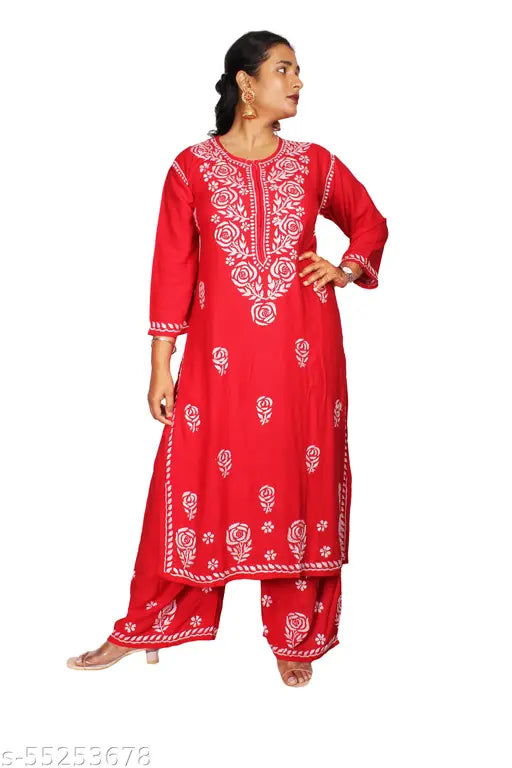 Rayon Chikankari women's set, embroidered rose kurta with palazzos, ideal for office wear