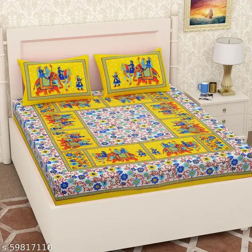 Yellow Ganngore cotton flat sheets, fine quality Jaipuri design with two pillow covers, ideal for adults in heavy winter