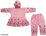 Woolen winter frock & pyjama set for baby girls, soft fabric best for summer season. Solid pattern, long sleeves, sizes 0-3 months to 18-24 months, made in India