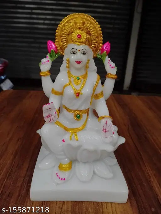 Marble white Laxmi Murti idol, intricately detailed 7-inch Ganesh-Lakshmi sculpture from India