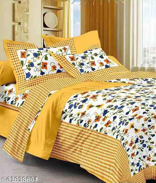 Yellow cotton Rajasthani bedsheet with floral design and 2 pillow covers. 60694