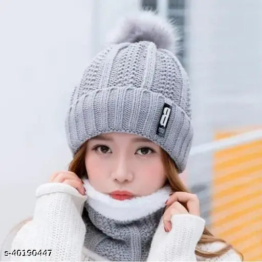 Grey winter ball cap, fur woolen beanie cap with matching scarf