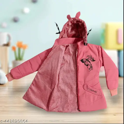Pink jacket with a bee print, 3D style, and a hoodie, girls' winter fashion