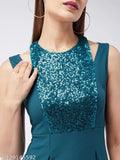 Green polyester Miss Chase jumpsuit, sleeveless halter neck with sequin embellishments and cut-out shoulders, dark green pleated/wide leg style, India origin