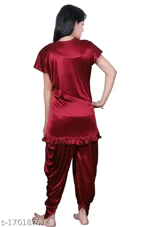Maroon begni satin patiyala night dress & suit set, solid-colored Indian fashion for women's latest collection
