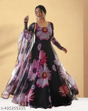 Black georgette women's anarkali gown with vibrant sunflower print, long sleeves, fit & flare style. Ideal for casual outings or festive events. Made in India