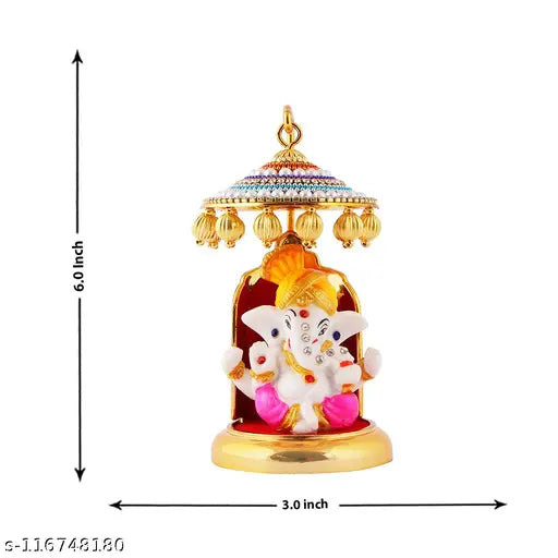 Marble & gold-plated Ganesh statue with chatri showpiece stand - divine decor for cars, offices, or homes. Premium materials, exquisite detailing