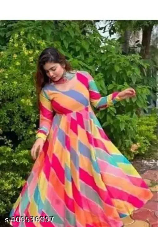 Striped Georgette long-sleeved classic designer women's gown from India, size S (bust 34in, length 53in), perfect for parties
