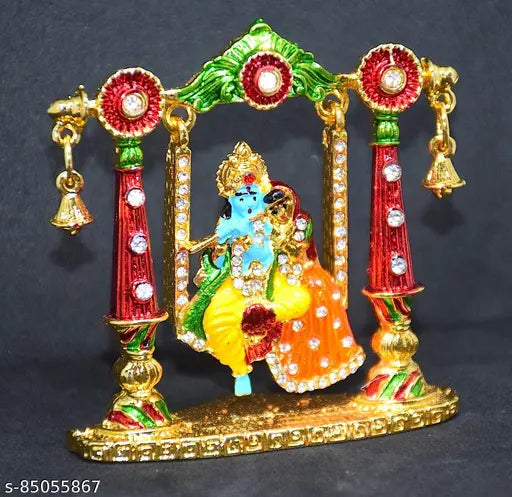 Brass Radha Krishna Idol on Jhula Statue, intricately detailed, standard golden, ideal for religious home decor or gifting
