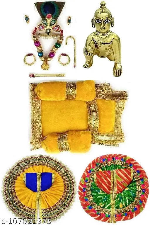 Brass Idol Laddu Gopal Murti with Shringar Set, handcrafted in India, includes mukut, malas, bansuri, asan, and 2 dresses for Krishna